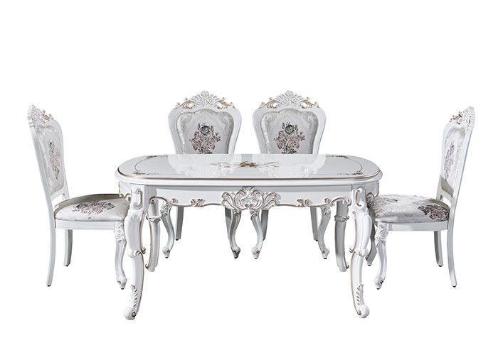 Elegant Solid Wood White Minimalist Dining Table , Carving Dining Table Set
