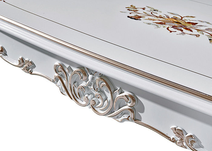 Elegant Solid Wood White Minimalist Dining Table , Carving Dining Table Set