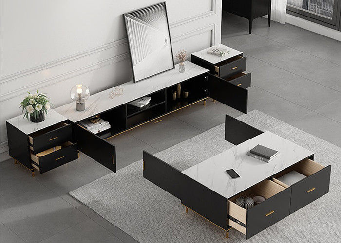 Solid Wood TV Unit Coffee Table Set Stainless Steel Bottom Frame