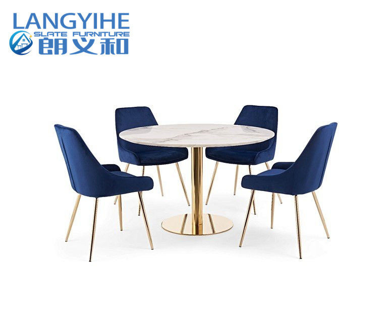 Iso 9001 120cm Round Marble Effect Dining Table With Fern Velvet Chairs Blue