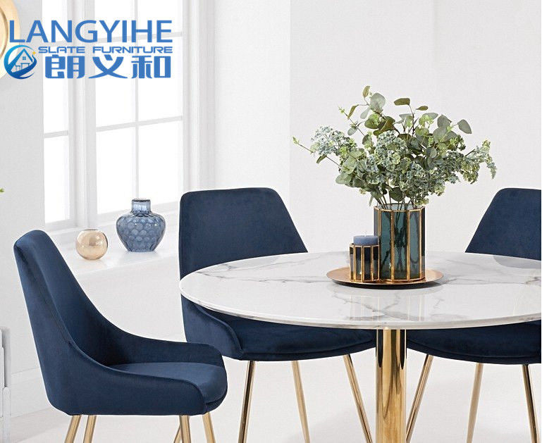 Iso 9001 120cm Round Marble Effect Dining Table With Fern Velvet Chairs Blue