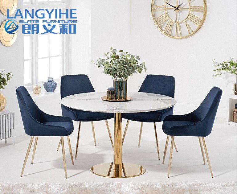 Iso 9001 120cm Round Marble Effect Dining Table With Fern Velvet Chairs Blue