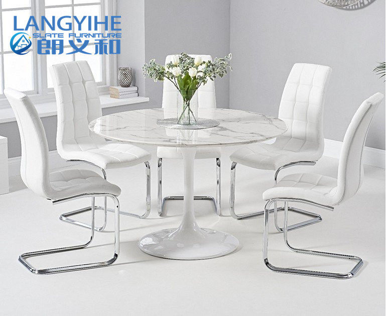 120cm White Marble Round Dining Table And Upholstered Dining Chair