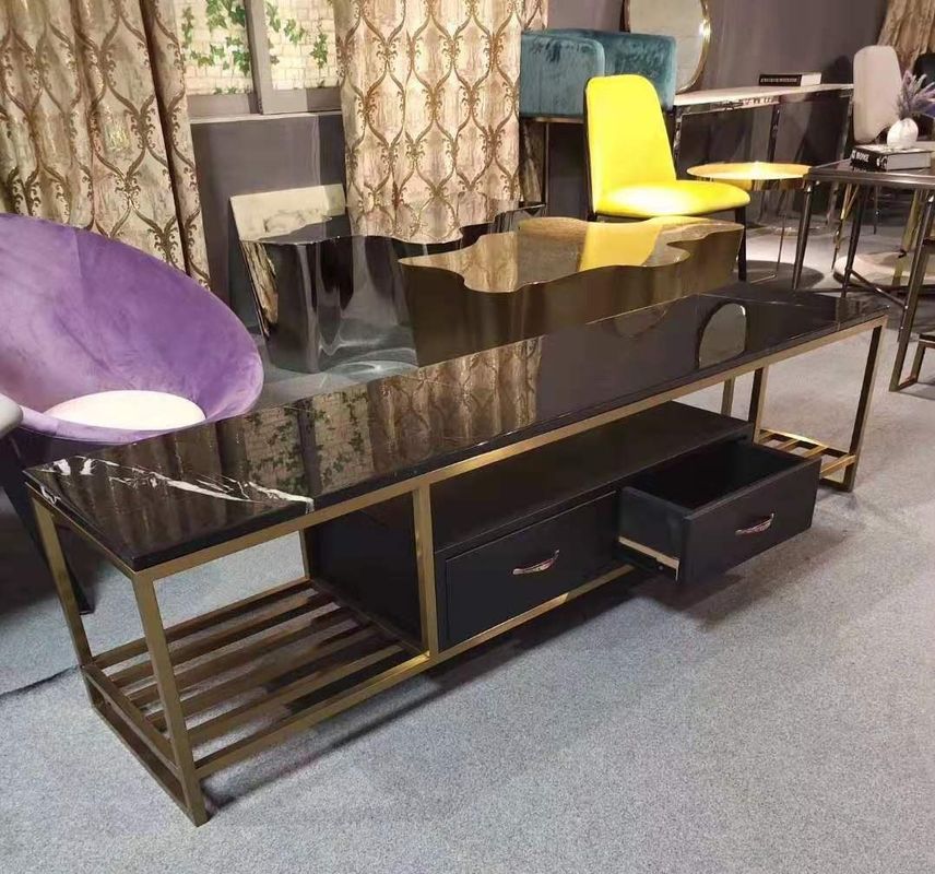 Luxury Gold Marble Top TV Stand Stainless Steel Frame Long Bench