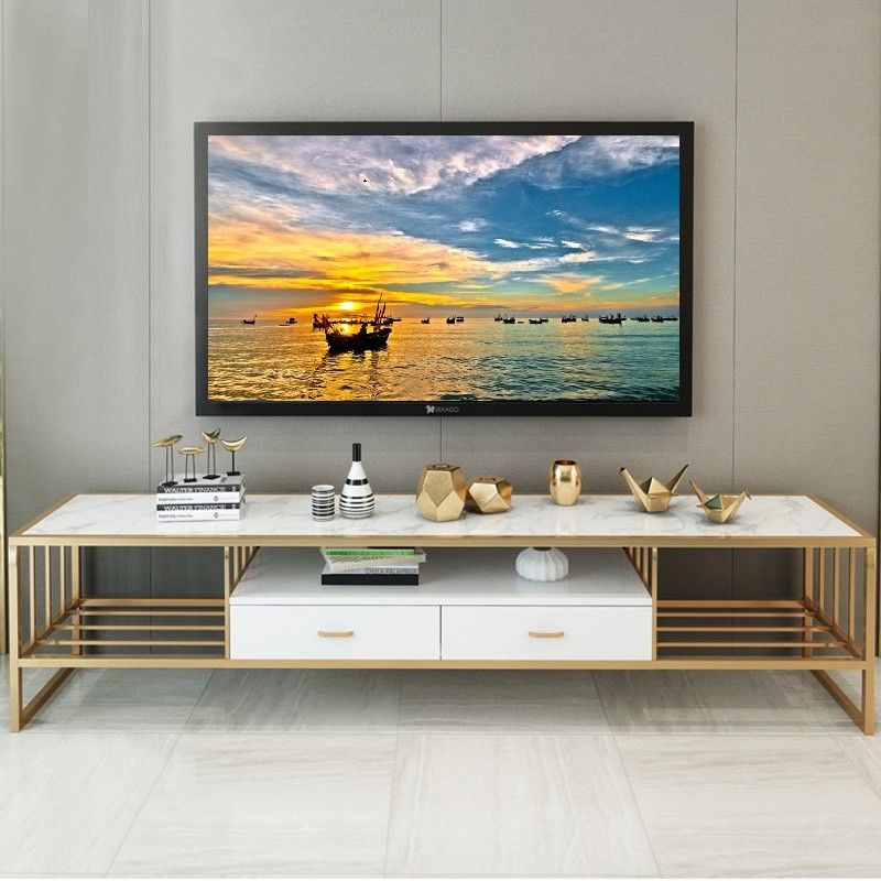 Luxury Gold Marble Top TV Stand Stainless Steel Frame Long Bench