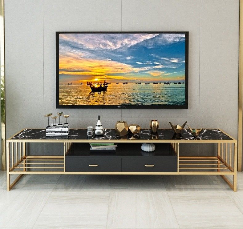Luxury Gold Marble Top TV Stand Stainless Steel Frame Long Bench