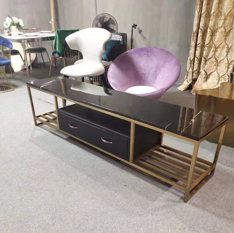 Luxury Gold Marble Top TV Stand Stainless Steel Frame Long Bench