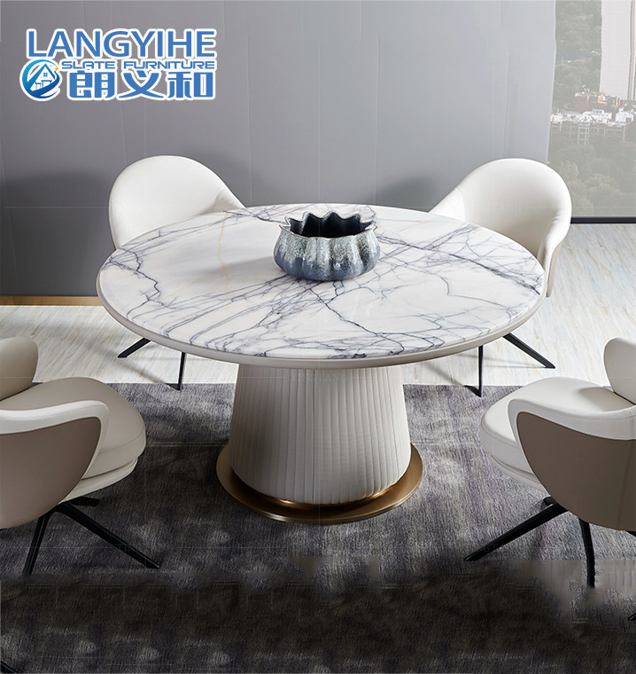 Household White Marble Round Dining Table With Turntable Stainless Steel
