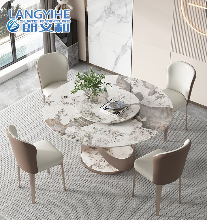 Turntable Marble Round Dining Table For 4 Light Luxury