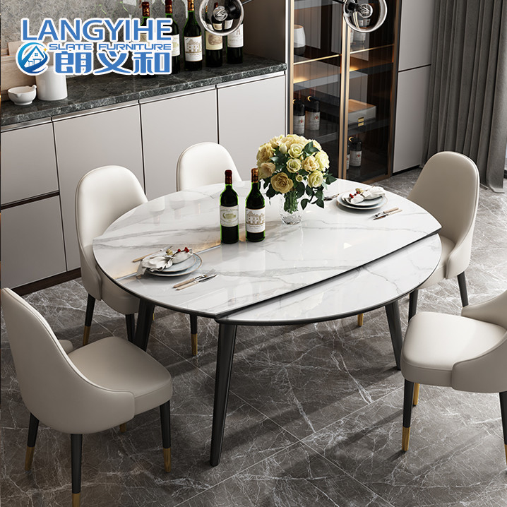 Household Minimalist Marble Dining Table Telescopic Round Anti Collision
